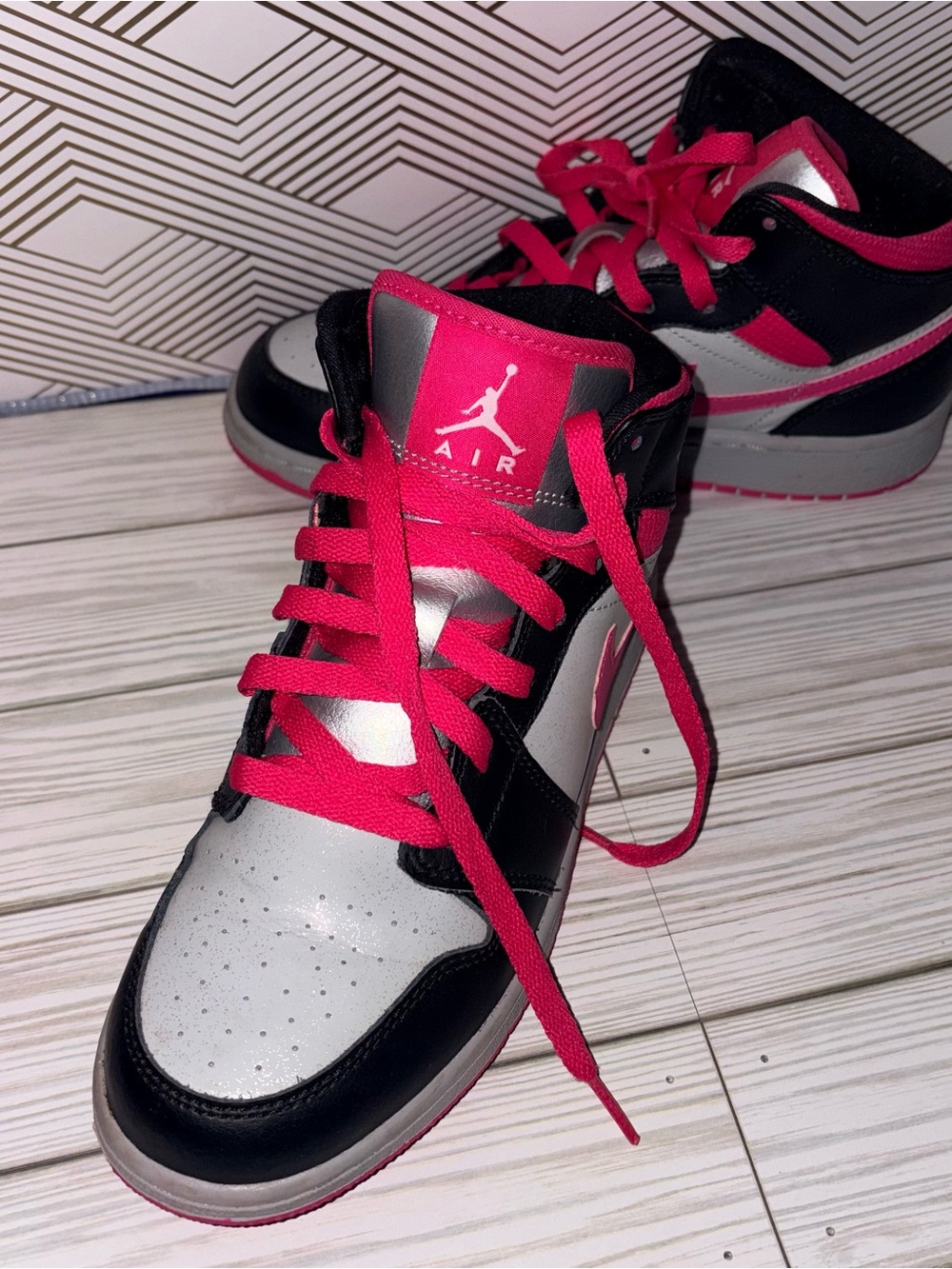 Jordan High-Top Sneakers in Black, Silver & Pink